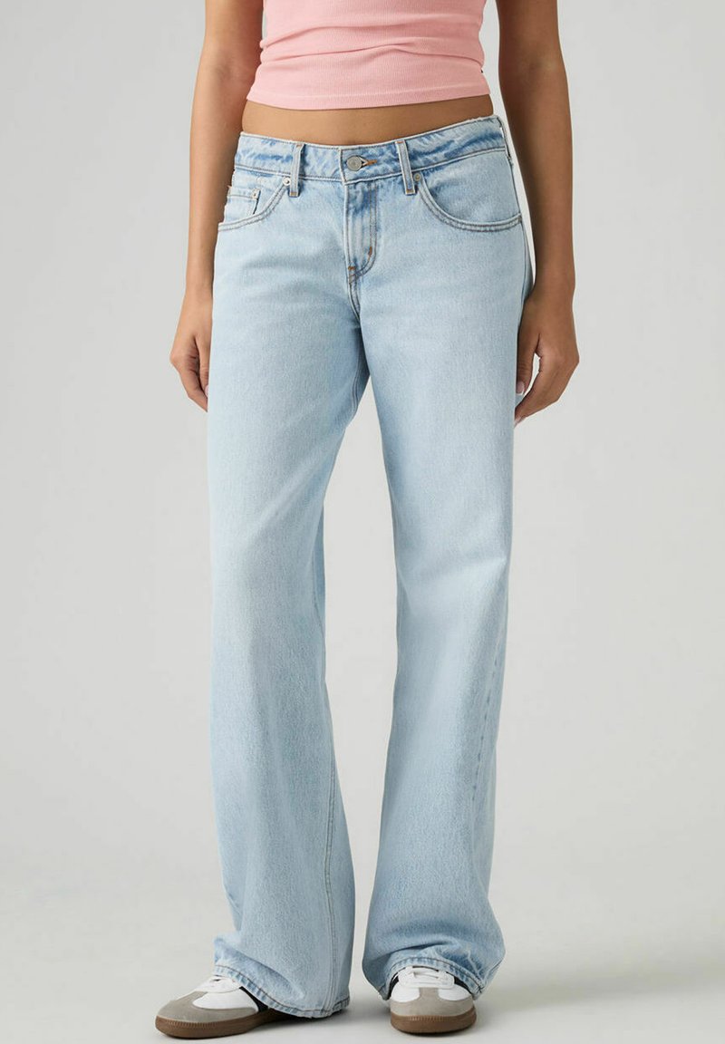 Light blue straight-leg jeans feature a traditional five-pocket design, denim fabric, and a classic waistband with a metal button closure.