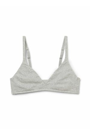 Šedý trojúhelníkový bralet s nastavitelnými ramínky, vyrobený z měkké, strukturované tkaniny. Vyznačuje se bezešvým provedením a minimalistickou konstrukcí.