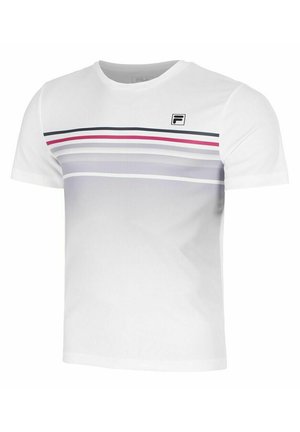 Witte korte mouw t-shirt met marineblauwe, roze en grijze horizontale strepen over de borst en een klein zwart-wit logo aan de linkerkant.