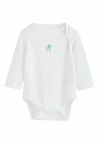 Valge pika varrukaga beebibody pehme kanga kvaliteediga, mille eest leiab kerge sinise elevandi graafika. Allosas on nupukinnitus.