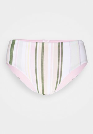 Wielokolorowe bikini dolne wykonane z gładkiego materiału w pionowe paski w kolorze zielonym, różowym i białym. Posiada różową talię i zaokrąglone krawędzie.