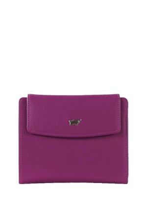 Purple leather wallet with a textured surface, featuring a flap closure and a small metallic logo on the front. Compact rectangular shape.