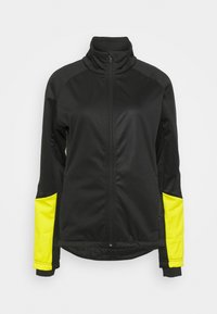 Black jacket with high collar and full zipper. Features bright yellow accents on sleeves. Smooth texture and athletic fit.