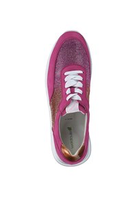 Pink sneaker with a textured mesh upper, suede accents, metallic copper heel detail, and white laces. Features a rubber sole.