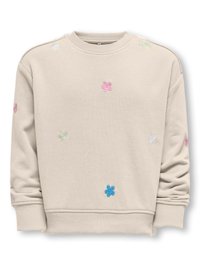 Lichtbeige sweatshirt met geborduurde bloemen in roze, blauw, wit en groen. Beschikt over een geribbelde ronde hals en manchetten, en heeft een ontspannen pasvorm.