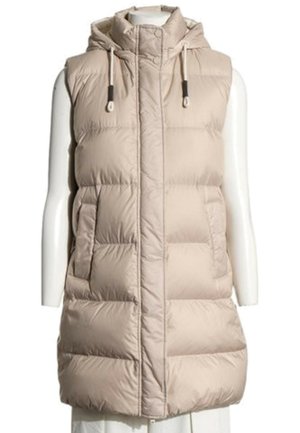 Beige mouwloos gewatteerd vest met hoge kraag, rits vooraan, twee zijzakken en verstelbare capuchon met trekkoord op een paspop.