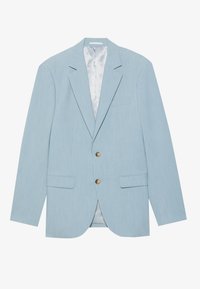 Blazer azzurro chiaro realizzato in un tessuto testurizzato. Presenta due tasche frontali, due bottoni dorati e una fodera interna simile alla seta.