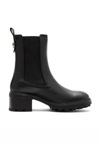 Black leather ankle boot with elastic side panels, block heel, and textured sole. Features a pull tab at the back for easy wear.
