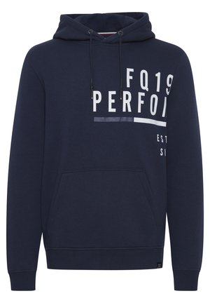 Marineblauwe hoodie van katoen, met een voorzak, trekkoordcapuchon en witte grafische tekstontwerp op de voorkant.