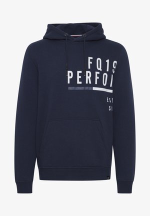 Tumši zils kapuci džemperis, izgatavots no kokvilnas auduma, ar priekšējo kabatu, saņģi kapuci un baltu grafisko tekstu dizainu uz priekšpuses.