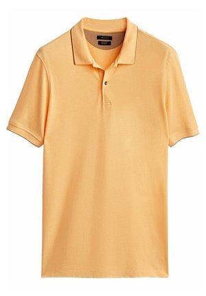 Lichtoranje poloshirt gemaakt van gladde stof, met een geplooide kraag, korte mouwen, drieknopsbies en subtiel logodetail.