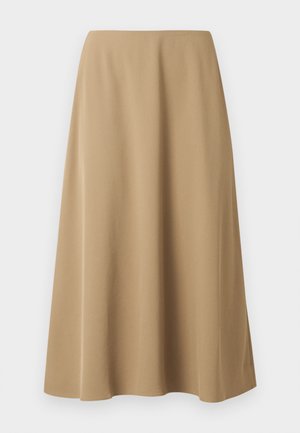 Beige A-formet midi-skjørt i glatt stoff med subtile sømmer, designet for en ren og strømlinjeformet passform.