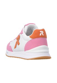White mesh sneaker with pink and orange suede accents. Features a rubber sole, padded collar, and prominent logo on the heel.