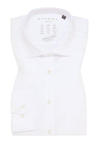 Witte slim fit shirt met een klassieke kraag, knoopsluiting en een enkel knoopmanchet. Gemaakt van een soepel, lichtgewicht materiaal.
