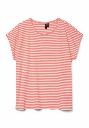 Koszulka z krótkim rękawem i okrągłym dekoltem, w poziome różowo-białe paski, o luźnym fasonie, z czarną metką wielkości przy kołnierzu.