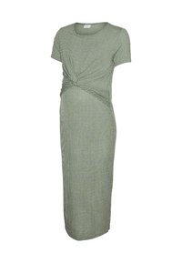 Knit, short-sleeve, knee-length maternity dress in green with vertical stripes and a twisted knot detail at the waist.