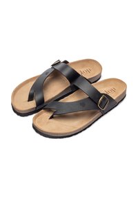 Black leather sandals with a contoured beige footbed, featuring crossed straps, a buckle accent, and a textured black sole.