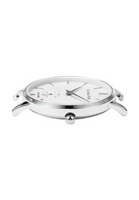 Orologio in acciaio inossidabile argentato con quadrante bianco, indicatori delle ore sottili, due lancette nere e una corona texturizzata. Design della cassa piatta e rotonda.