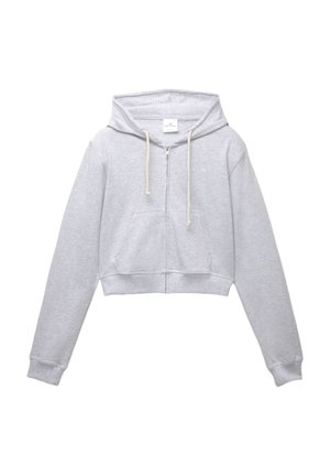 Hellgrau geschnittenes Hoodie mit Reißverschluss auf der Vorderseite, Kapuze mit Kordelzug und Kängurutasche. Mit gerippten Bündchen und Saum. Weiche Textur.