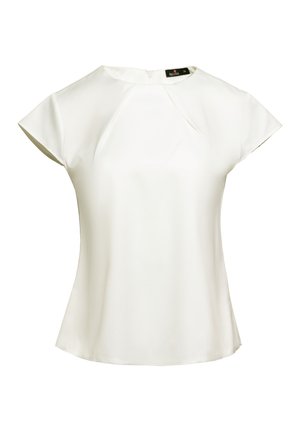 Biała bluzka z krótkim rękawem i okrągłym dekoltem, o gładkiej teksturze i zamek błyskawiczny z tyłu. Posiada subtelne fałdy z przodu dla dodatkowego wykończenia.