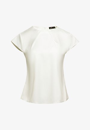 Biała bluzka z krótkim rękawem i okrągłym dekoltem, o gładkiej teksturze i zamek błyskawiczny z tyłu. Posiada subtelne fałdy z przodu dla dodatkowego wykończenia.