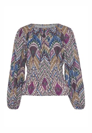 Blouse femme à manches longues avec un motif abstrait multicolore, taille froncée, encolure ronde et poignets élastiques.