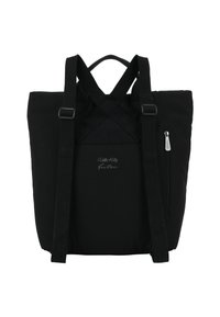 Borsa tote nera realizzata in tessuto resistente, con spallacci regolabili, una tasca con zip e un design a incrocio delle cinghie sul retro.