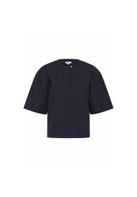 Navy cotton top with a round neckline, short wide sleeves, and a front placket. Features a rectangular chest pocket and simple stitching.