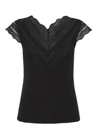 Zwarte geribde top met een scalloped kantachtige halslijn en kapmouwen. Het kant heeft gedetailleerde patronen langs de randen voor extra textuur.