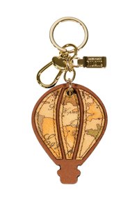 Portachiavi con anello e moschettone dorati, caratterizzato da un design di aerostato realizzato con un motivo di mappa vintage e rifiniture marroni.