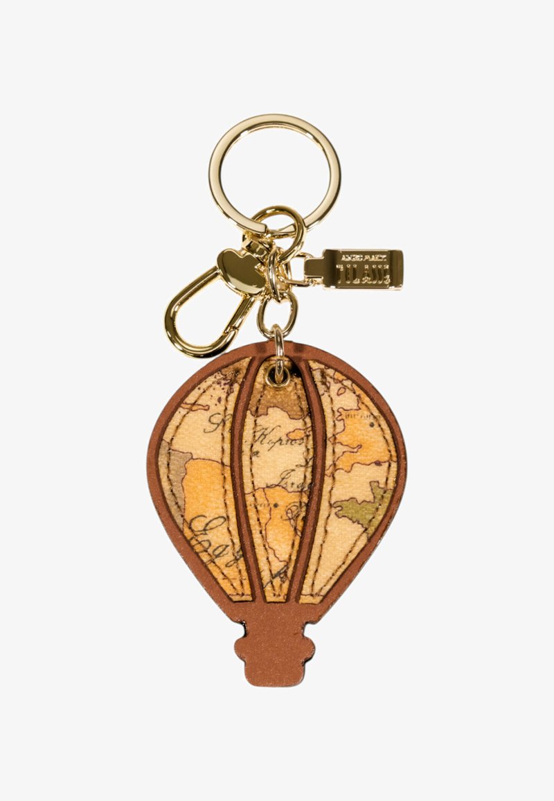 Portachiavi con anello e moschettone dorati, caratterizzato da un design di aerostato realizzato con un motivo di mappa vintage e rifiniture marroni.