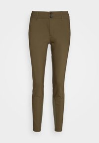 Pantalon slim fit vert olive avec deux boutons à l'avant, passants de ceinture et coupe fuselée.