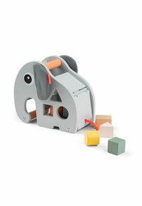 Elefantformet trælegetøj med stofører, snoretræk og geometriske blokke til formsortering og stapling.