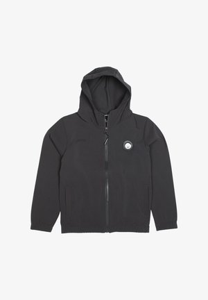 Veste à capuche noire avec une fermeture éclair complète, des poignets élastiques et deux poches latérales. Présente un logo circulaire sur le côté gauche de la poitrine. Texture de tissu lisse.