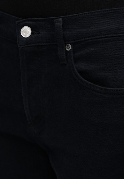 Dark blue denim jeans with a smooth texture, featuring a silver button, belt loops, and a front pocket, emphasizing a classic design.