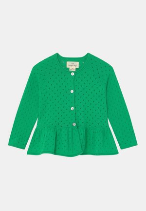 Cárdigan verde de manga larga para niñas con pequeño patrón de diamantes, cuello redondo, cierre de botones y dobladillo con volantes.
