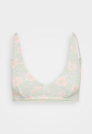 Floral bralette in light green with pink and purple flower patterns. Soft fabric, wide straps, and a rounded neckline. No hardware details.