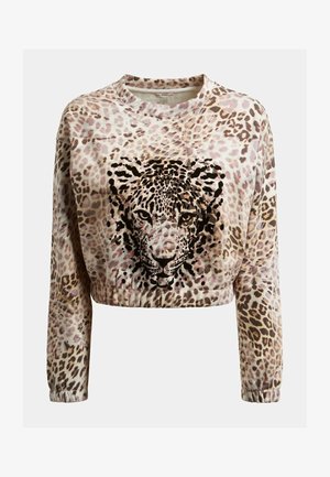 Sudadera corta de manga larga con estampado integral de leopardo y un gran gráfico detallado de la cara de un leopardo en el frente.