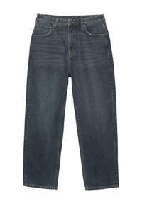 Jeans din denim de culoare albastru închis, cu un design cu picioare drepte, cinci buzunare, bucle pentru curea și o ușoară decolorare a materialului. Detalii cusute pe tiv.