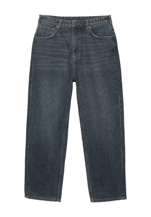 Donkerblauwe denim jeans met een recht model, vijf zakken, riemlussen en subtiele vervaging in het materiaal. Gestikt zoomdetail.