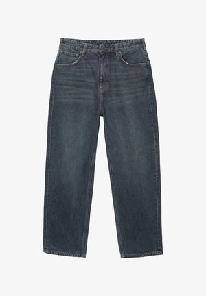 Dunkelblaue Jeans aus Denim mit geradem Bein, fünf Taschen, Gürtelschlaufen und subtilen Verblassungen im Material. Gestickte Saumdetails.