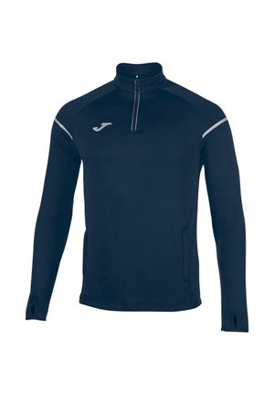 Marineblauer Sportpullover mit langen Ärmeln, halbem Reißverschluss, Daumenlöchern an den Bündchen, reflektierenden Streifen an den Schultern und kleinem Logo auf der Brust.