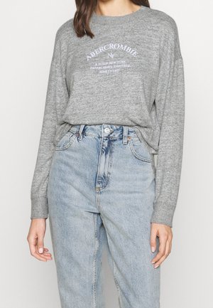 Femme portant un sweat-shirt gris Abercrombie rentré dans un jean taille haute bleu clair, debout devant un fond blanc uni.