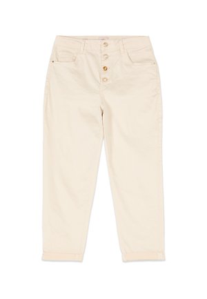 Pantaloni beige a vita alta con quattro bottoni, tasche frontali, passanti per cintura e risvolti, mostrati su uno sfondo bianco.