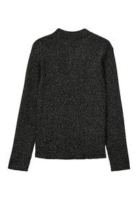 Pull noir à manches longues, présentant un motif texturé et moucheté. Col et poignets côtelés, forme simple sans accessoires visibles.