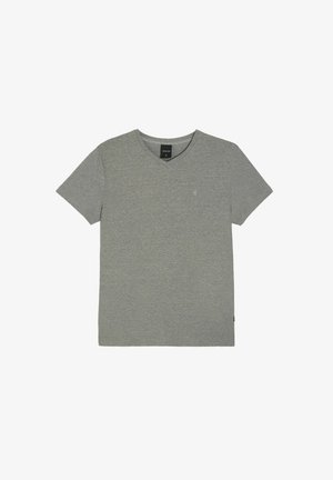 Szara bawełniana koszulka V-neck z krótkimi rękawami i subtelnym logo na piersi. Materiał ma gładką teksturę i luźny krój.