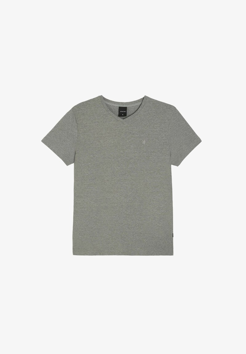 Szara bawełniana koszulka V-neck z krótkimi rękawami i subtelnym logo na piersi. Materiał ma gładką teksturę i luźny krój.