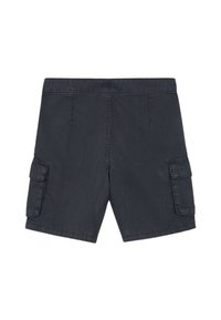 Pantaloni cargo neri con una vestibilità comoda, caratterizzati da due tasche laterali e ulteriori tasche cargo su ciascuna gamba, realizzati in tessuto leggero.