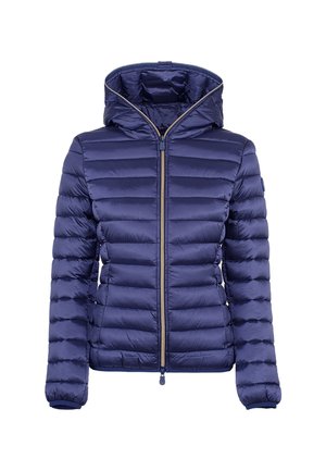 Giacca puffer blu navy con cappuccio, caratterizzata da un design trapuntato, chiusura con zip frontale e polsini elasticizzati per calore e comfort.