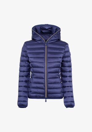 Giacca puffer blu navy con cappuccio, caratterizzata da un design trapuntato, chiusura con zip frontale e polsini elasticizzati per calore e comfort.
